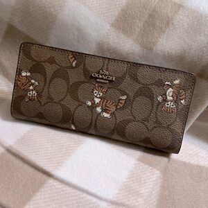 Coach Slim Wallet In Signature Canvas With Dancing Kitten Print